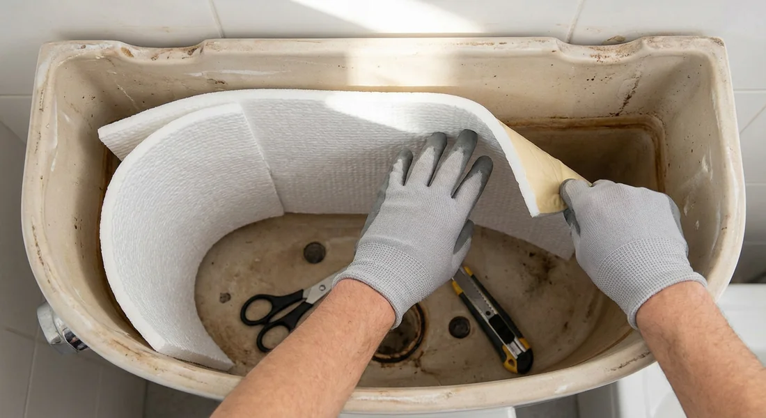 Pose d'un kit d'isolation thermique à l'intérieur du réservoir de toilette.