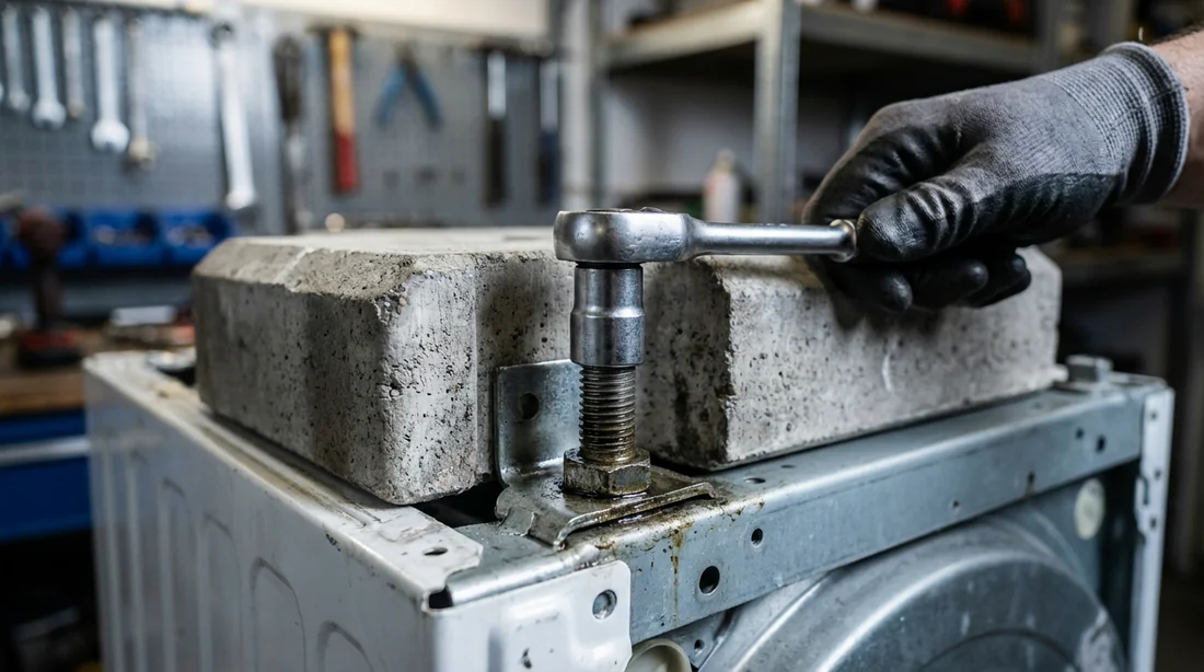 Démontage d'une vis de fixation de contrepoids de machine à laver avec une clé à cliquet.