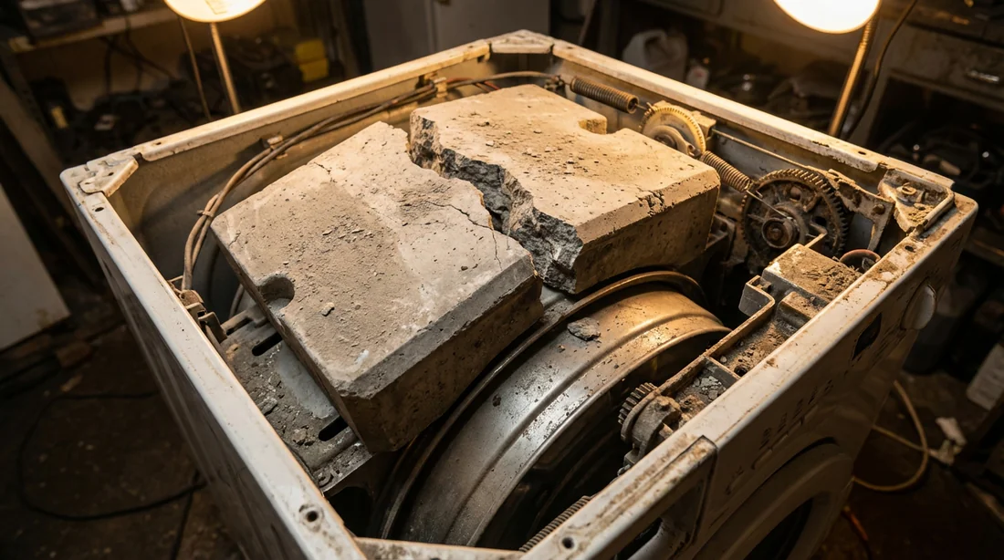 Machine à laver ouverte montrant un bloc de béton de contrepoids fissuré en deux sur le dessus du tambour.
