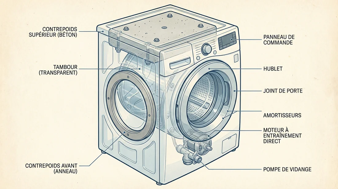 Schéma technique montrant l'emplacement du contrepoids supérieur et du lest de façade dans une machine à laver.