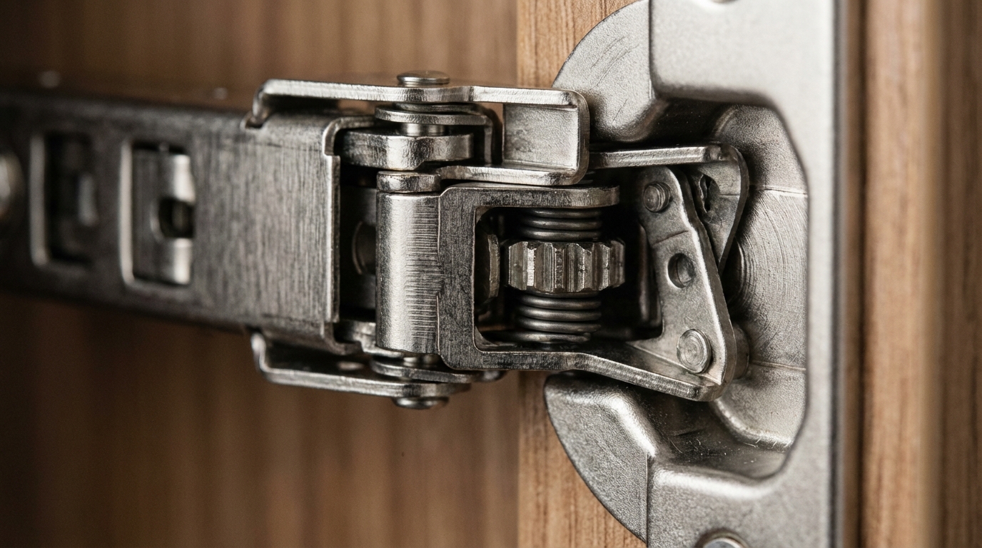 Gros plan technique sur une charnière de tiroir Maximera Blum pour IKEA