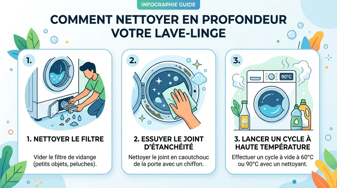 Infographie des étapes de nettoyage d'une machine à laver