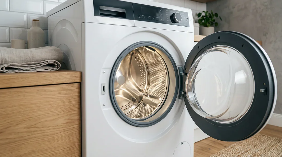 Machine à laver moderne ouverte avec tambour en inox brillant