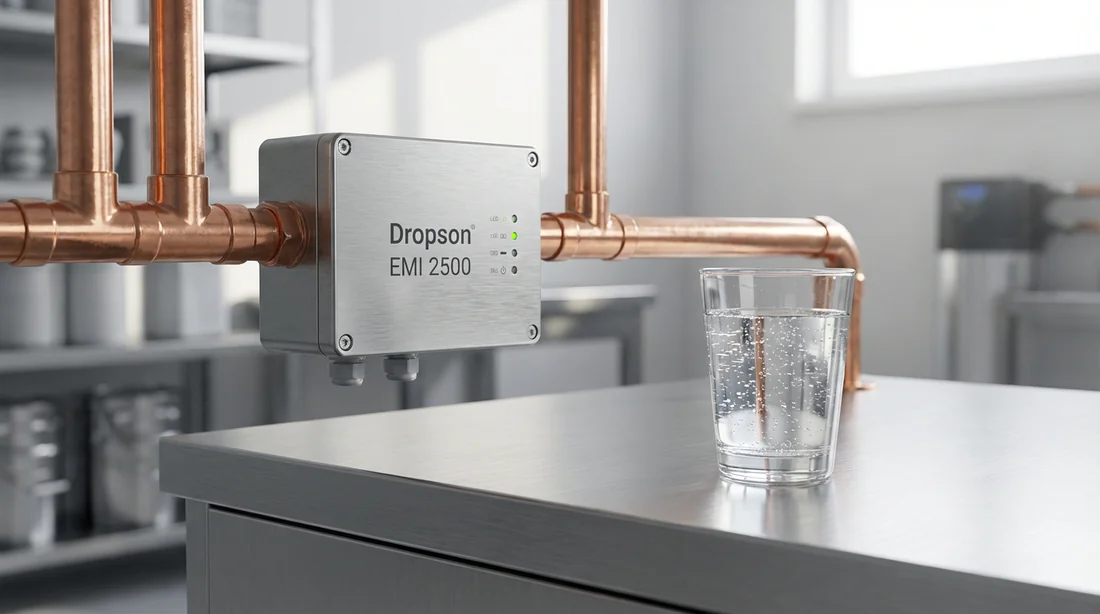 Installation du boîtier anticalcaire Dropson EMI 2500 sur une tuyauterie en cuivre propre avec un verre d'eau pure.