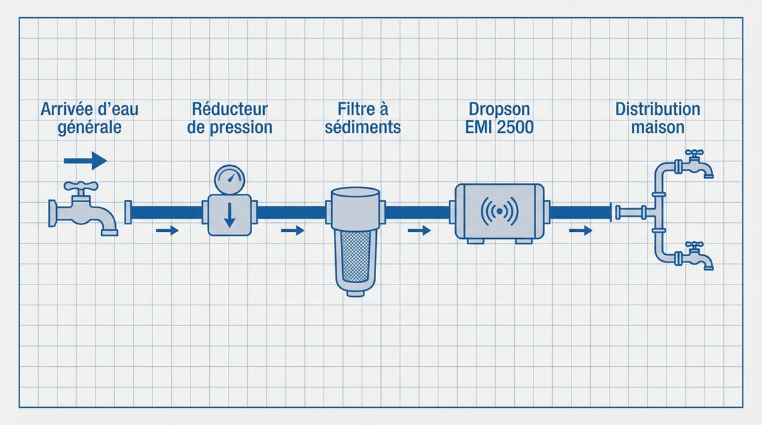 Schéma de montage préconisé pour le Dropson EMI 2500 avec filtre à sédiments.