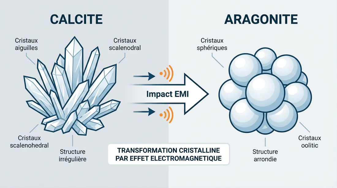 Schéma technique montrant la transformation de la calcite en aragonite par le Dropson EMI 2500.