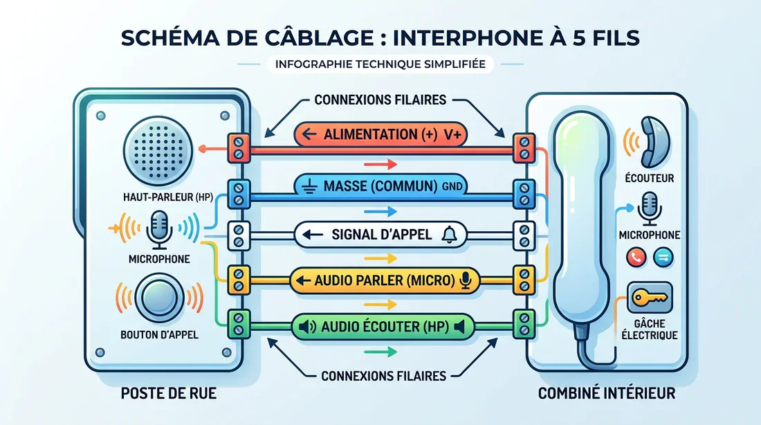Détails du câblage d'un interphone 5 fils Gros plan technique d'un interphone ouvert avec fils de couleurs connectés au bornier