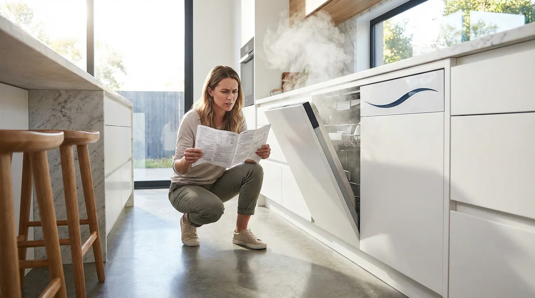 Homme perplexe consultant le manuel d'utilisation devant un lave-vaisselle Oceanic en panne dans une cuisine moderne.