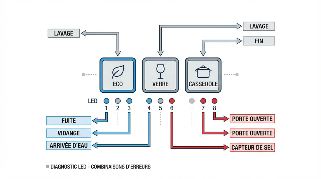 Infographie des codes erreurs Oceanic montrant la signification des voyants Eco, Verre et Casserole.