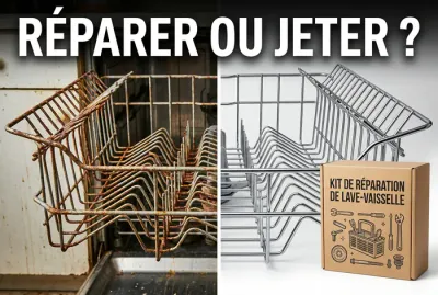 Comparaison entre un panier de lave-vaisselle rouillé et un panier réparé.