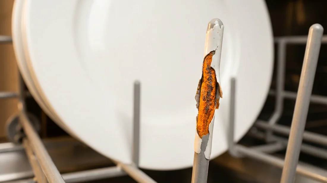 Panier de lave-vaisselle endommagé avec tige métallique et rouille orange apparente.