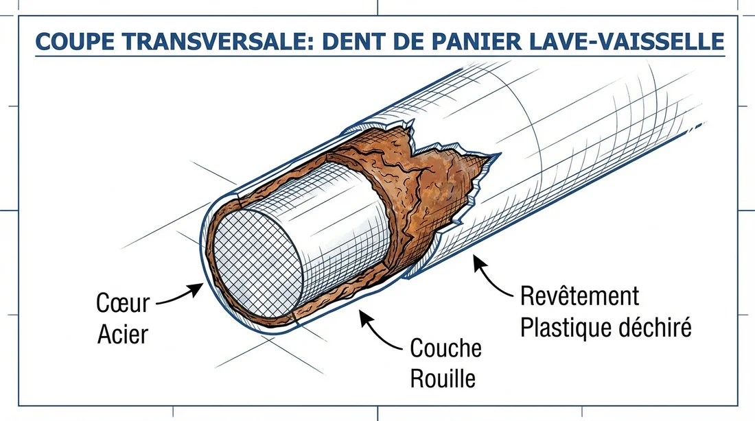 Schéma technique de la corrosion d'une tige de panier de lave-vaisselle montrant l'acier et la rouille.