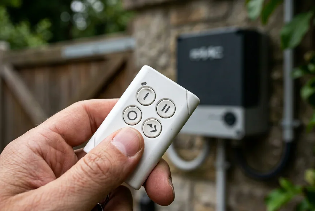 Problème de télécommande de portail FAAC Homme perplexe devant un portail automatique tenant une télécommande FAAC XT4 blanche