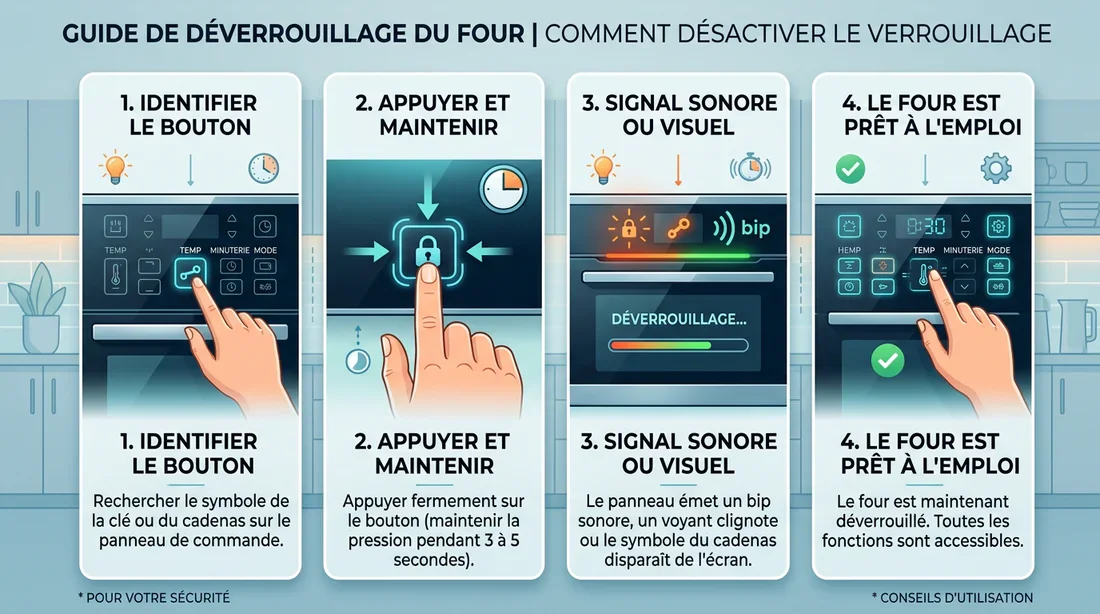 Symbole clé rouge sur four De Dietrich Four De Dietrich avec symbole clé rouge verrouillé et utilisateur perplexe dans une cuisine moderne.