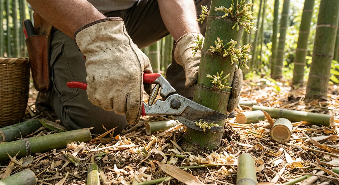 Action de tailler les tiges de bambou fleuries pour préserver l'énergie de la plante.