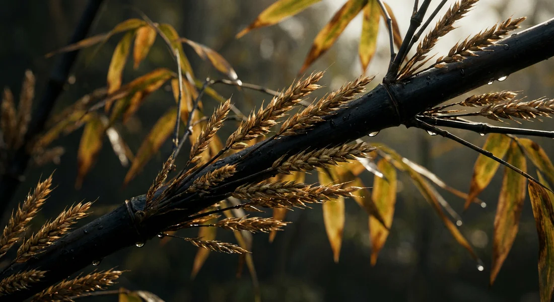 Gros plan esthétique de fleurs de bambou ressemblant à des épis de blé avec des feuilles jaunies en arrière-plan.