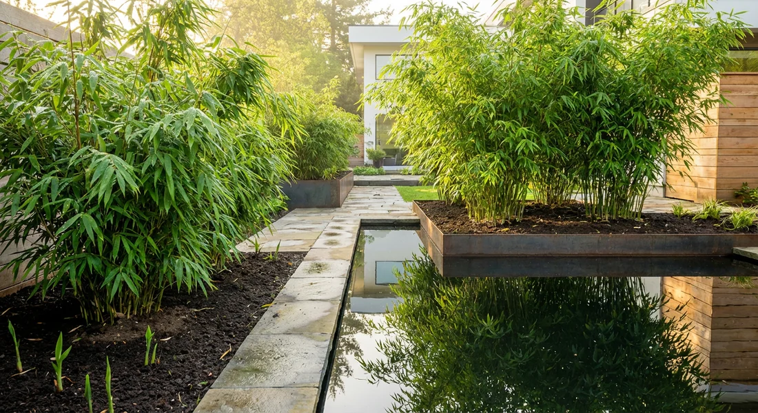 Nouveau massif de bambous verts et vigoureux dans un jardin paysager.