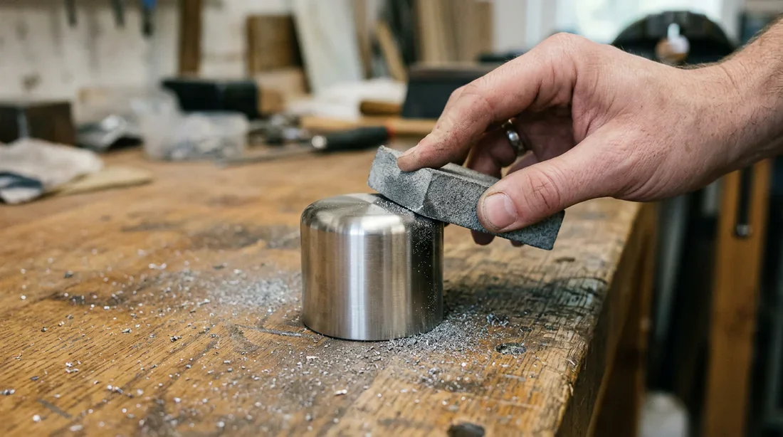 Butoir artisanal fini en atelier de soudure Butoir de porte artisanal en acier terminé posé sur un établi de soudeur professionnel.