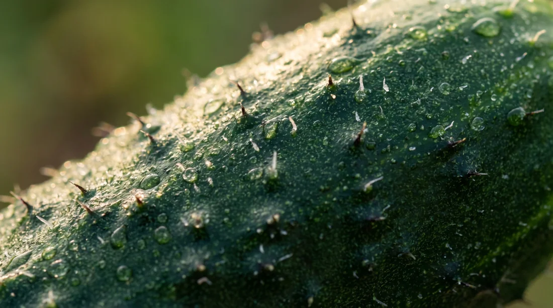 Gros plan macro sur la peau d'un concombre épineux montrant les trichomes naturels.