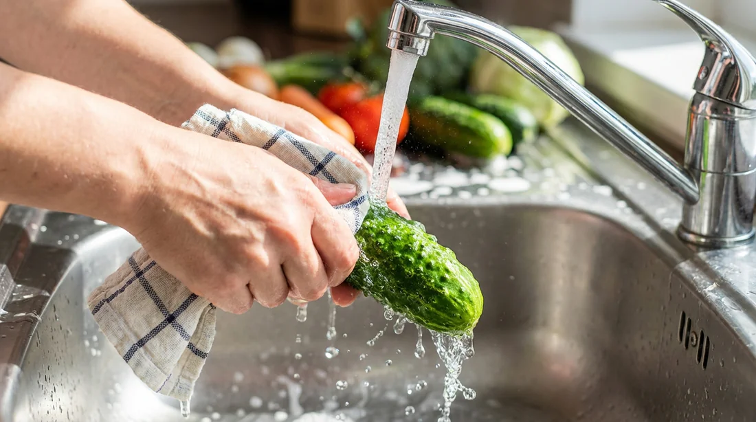Main frottant un concombre avec un torchon sous l'eau pour retirer les épines.
