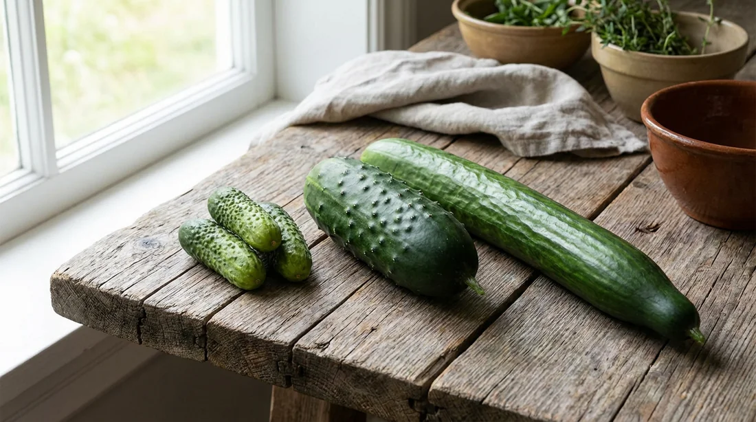 Trois types de concombres : cornichon, concombre épineux type Noa et concombre long lisse sur une table.