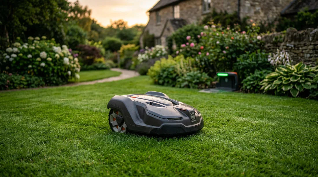 Robot Husqvarna Automower en attente Robot tondeuse Husqvarna Automower à l'arrêt devant sa station de charge