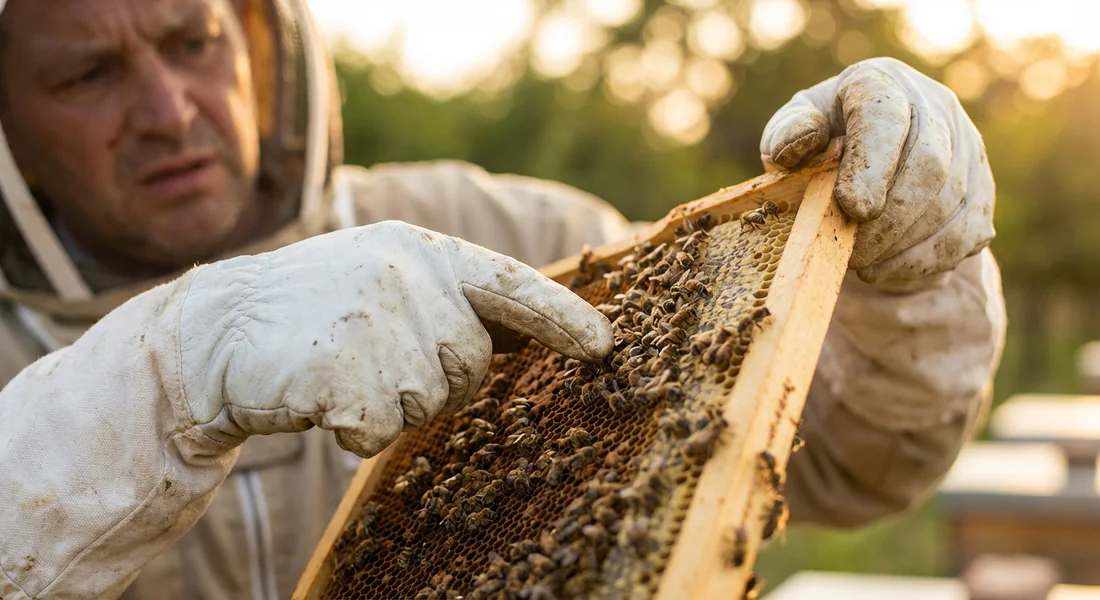 Limites et précautions du traitement à l'ail Apiculteur vérifiant la santé de ses abeilles avec précaution