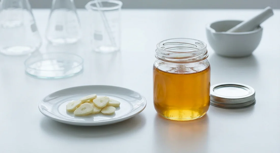 Propriétés antiseptiques de l'ail pour la ruche Gousses d'ail tranchées et pot de miel sur une table en bois