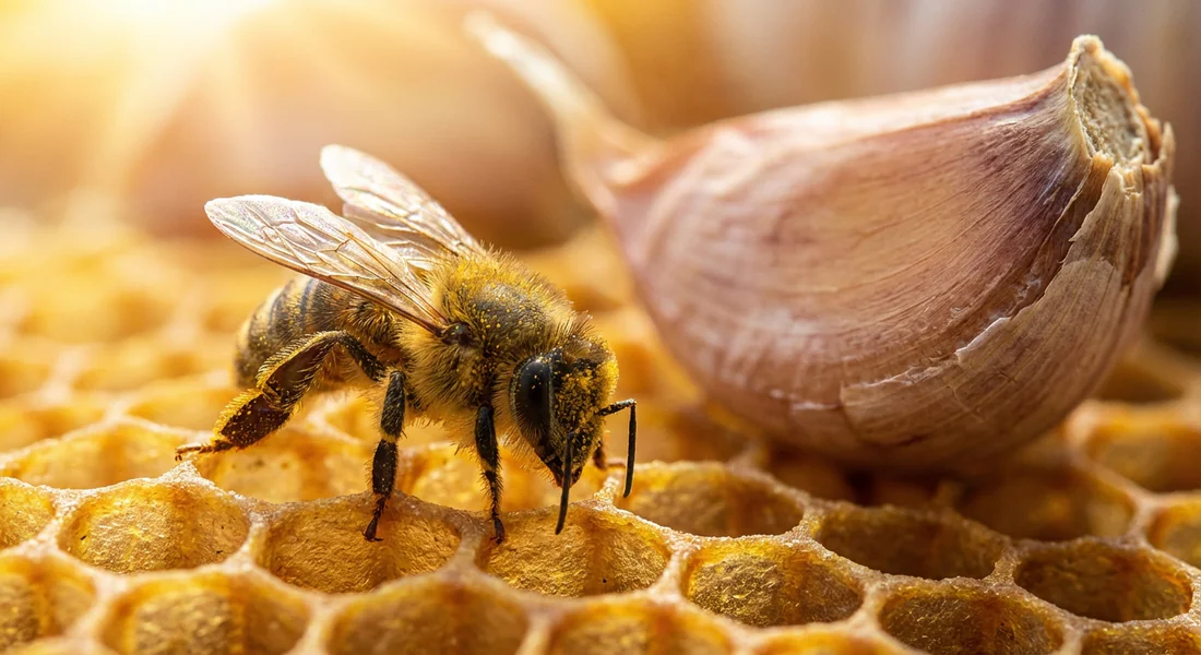 Traitement naturel au varroa avec de l'ail Gros plan d'une abeille sur un rayon de cire avec une gousse d'ail en arrière-plan flou