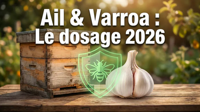 Miniature avec ruche, ail et texte Ail et Varroa Le dosage 2026