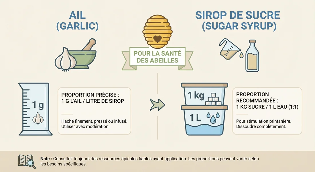 Infographie dosage ail et sirop 2026 Schéma explicatif du dosage de l'ail dans le sirop de nourrissage