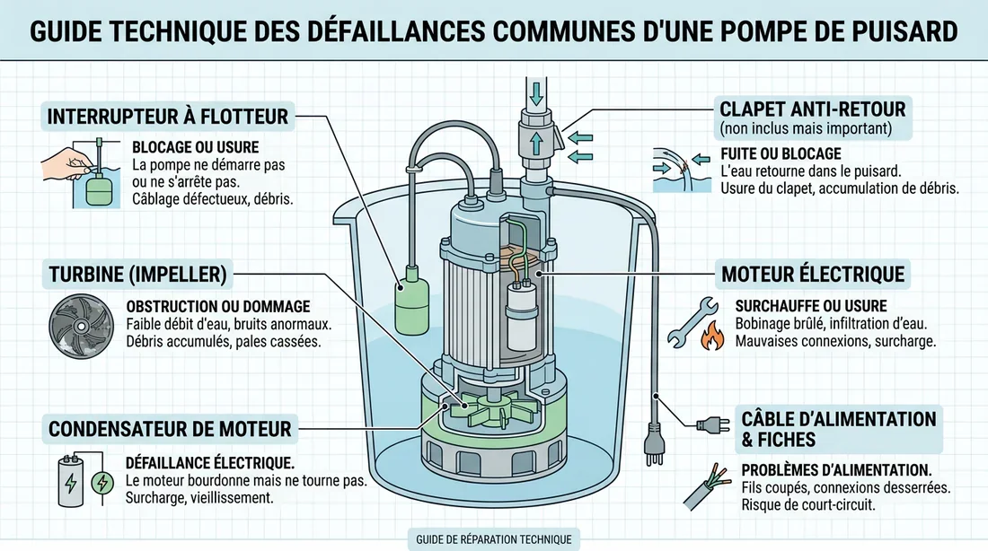 Technicien inspectant une pompe vide-cave dans un regard avec un multimètre