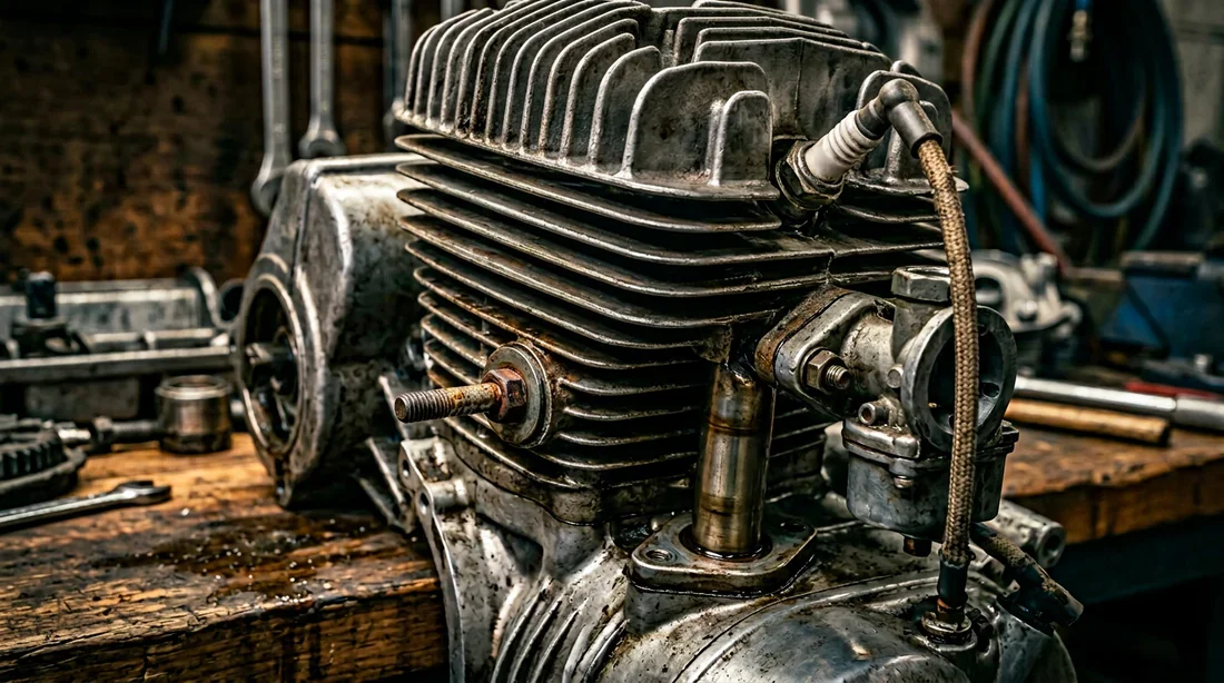 Motoculteur Honda F50 restauré avec son moteur G50 d'origine dans un jardin au soleil couchant.