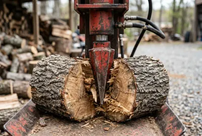 Gros plan sur le vérin hydraulique et le coin d'une fendeuse artisanale