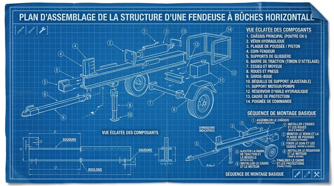 Matériaux et composants pour la fabrication d'une fendeuse à bois