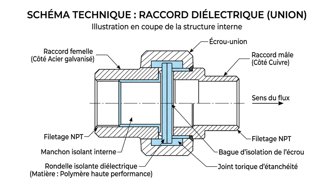 Comparaison entre tuyauterie corrodée et tuyauterie protégée par raccord diélectrique