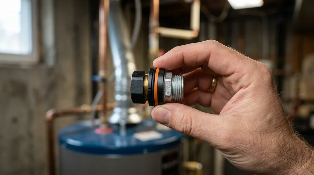 Plombier installant un raccord diélectrique sur l'entrée d'eau froide d'un cumulus