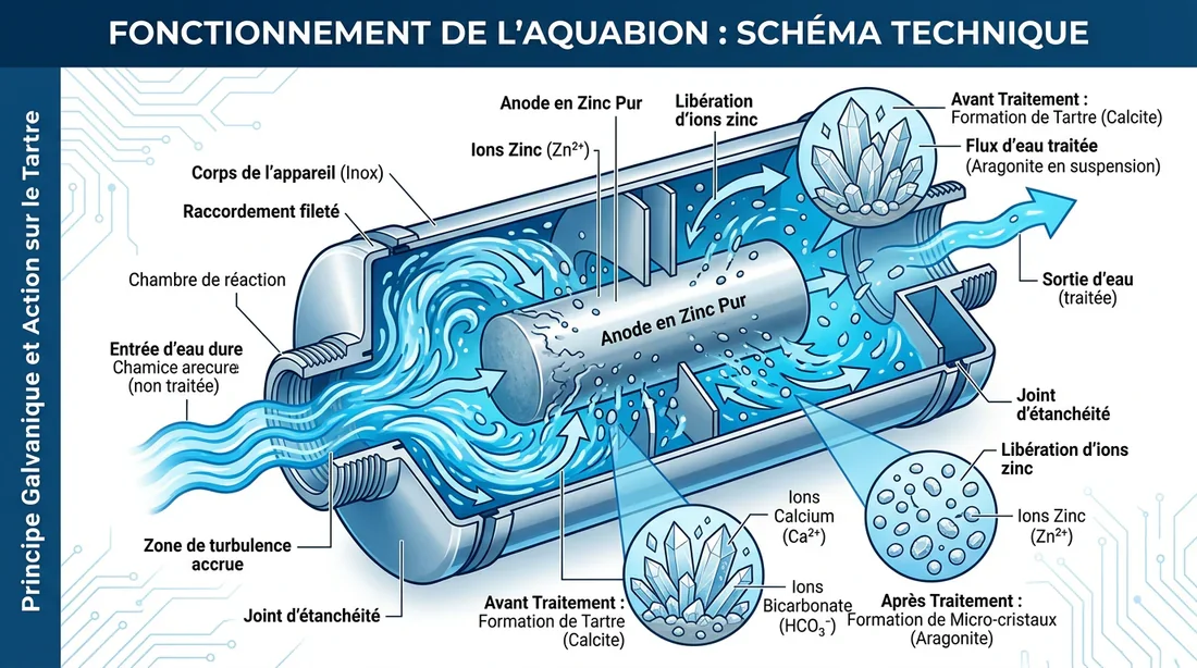 Schéma technique montrant le fonctionnement par anode de zinc de l'Aquabion.