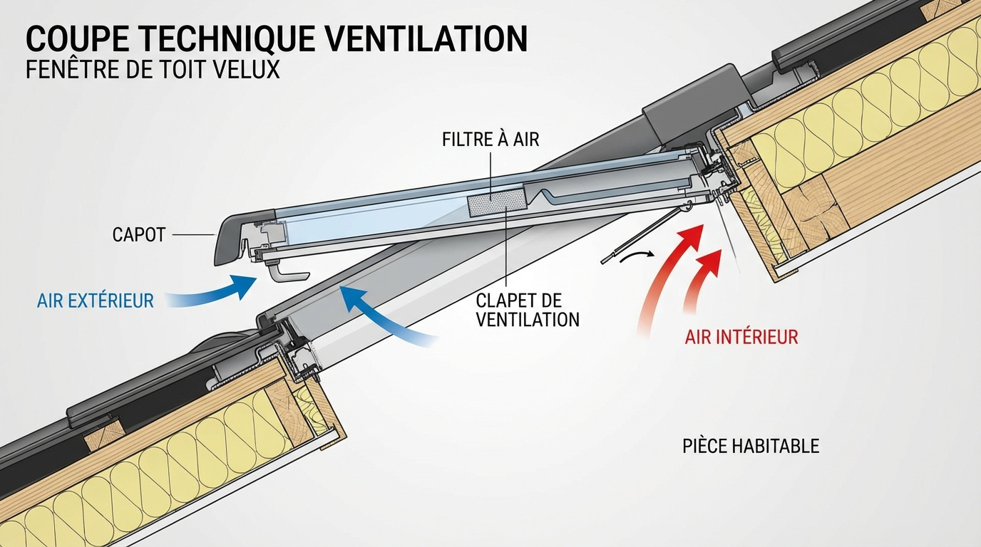 Fonctionnement du flux d'air Velux Schéma technique en coupe montrant le flux d'air à travers le clapet Velux.