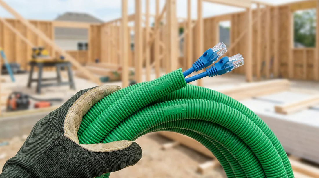 Gros plan d'une main tenant une gaine ICTA verte avec deux câbles Ethernet bleus pour une installation réseau.