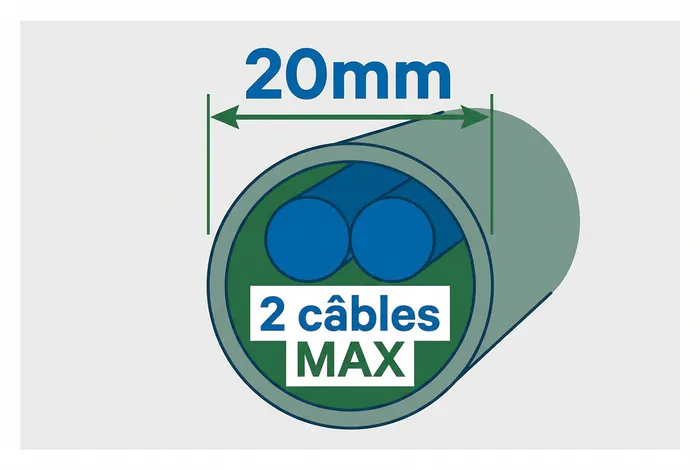Combien de cable rj45 dans une gaine ? Guide Complet - Câblage RJ45 : Le secret pour en passer 3 sans forcer ! - RJ45 en gaine : Combien en passer sans tout bloquer ? Infographie montrant la capacité maximale de 2 câbles pour une gaine de 20mm.
