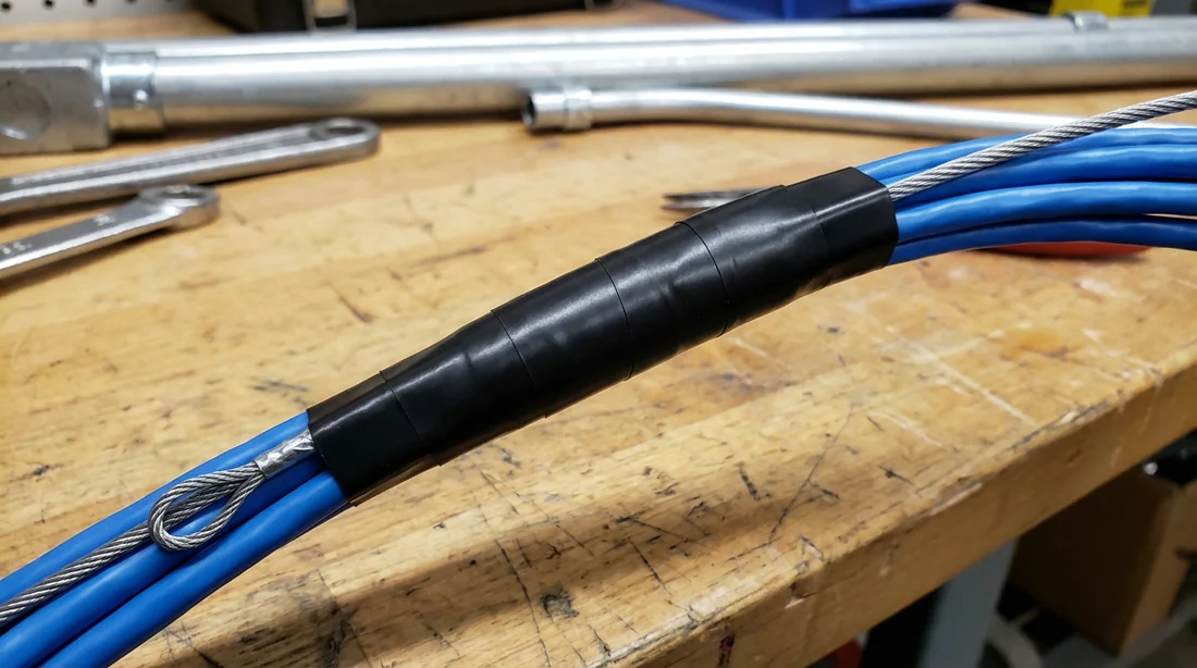 Préparation d'une épissure fine entre un tire-fil et des câbles RJ45 avec du ruban adhésif.