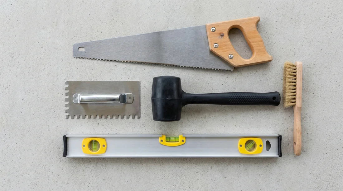 Ensemble d'outils pour Siporex : scie carbure, peigne à colle, maillet et niveau à bulle.