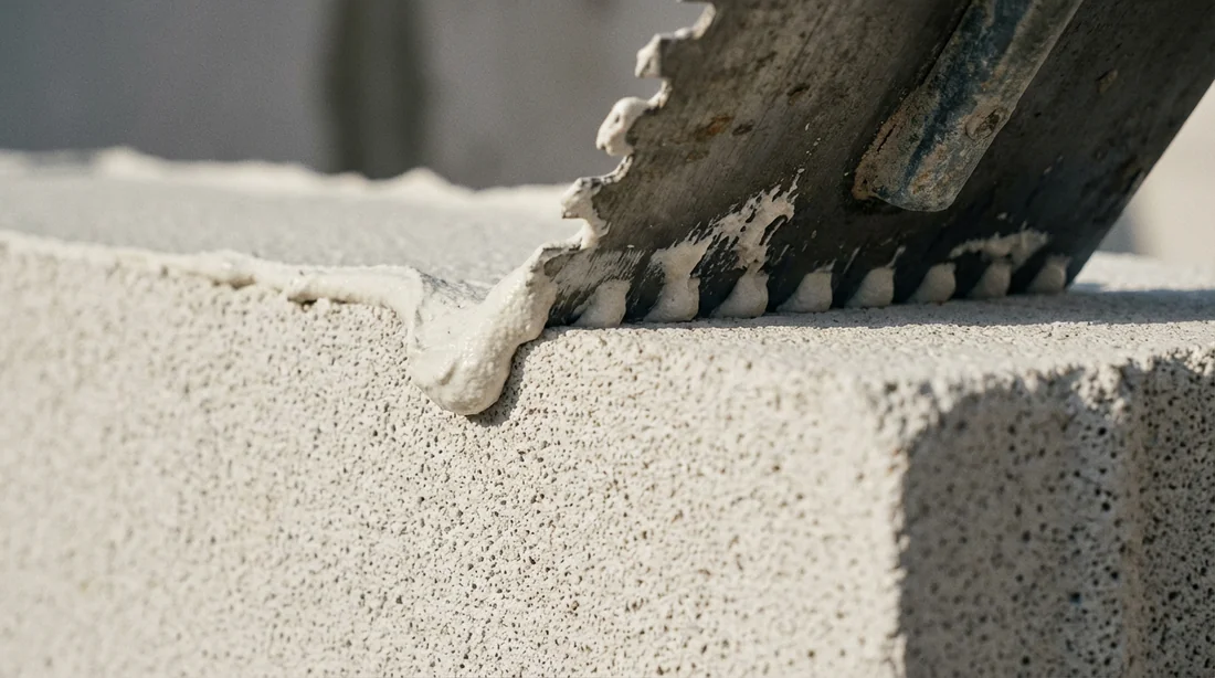 Gros plan d'une truelle crantée appliquant du mortier blanc sur un bloc de béton cellulaire Siporex.