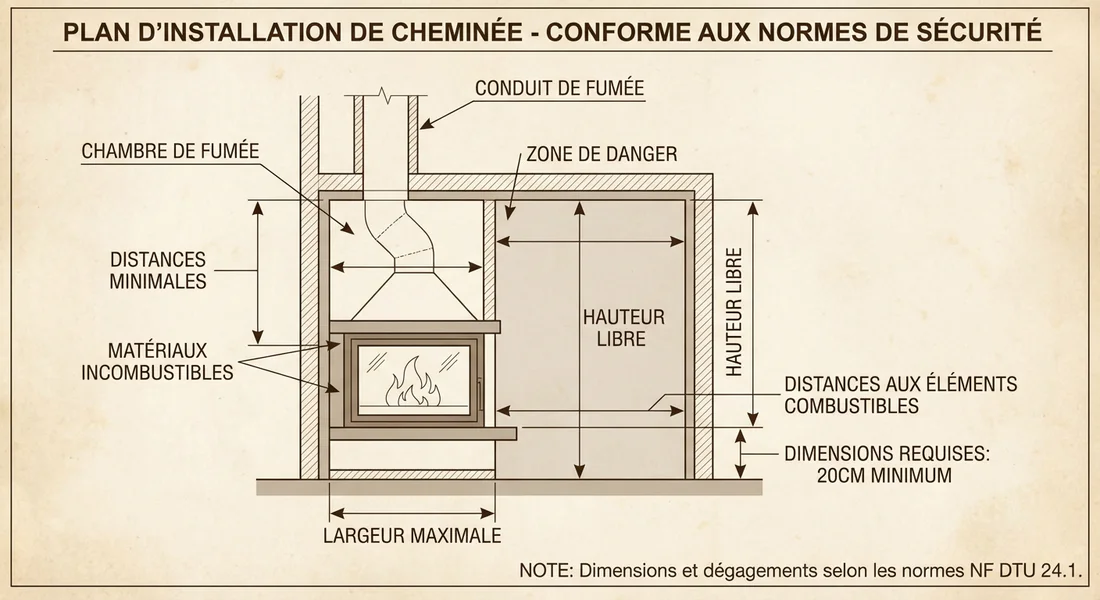 Plan de conformité et dimensions réglementaires pour un avaloir de cheminée.