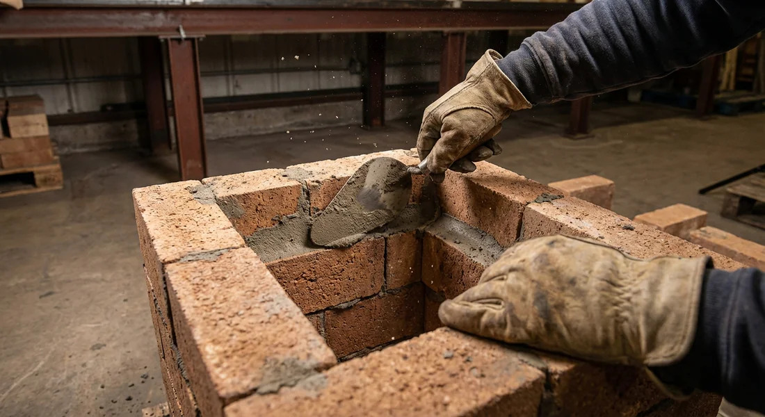 Pose de briques réfractaires pour la construction du conduit de l'avaloir.