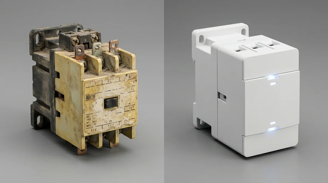 Remplacement d'un contacteur classique par un modèle silencieux Comparaison entre un vieux contacteur électrique jauni et un modèle silencieux neuf.