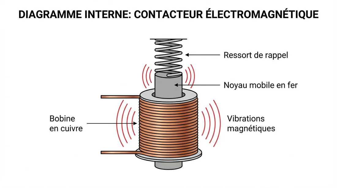 Schéma des causes du bourdonnement magnétique Schéma technique des composants internes d'un contacteur et des vibrations magnétiques.