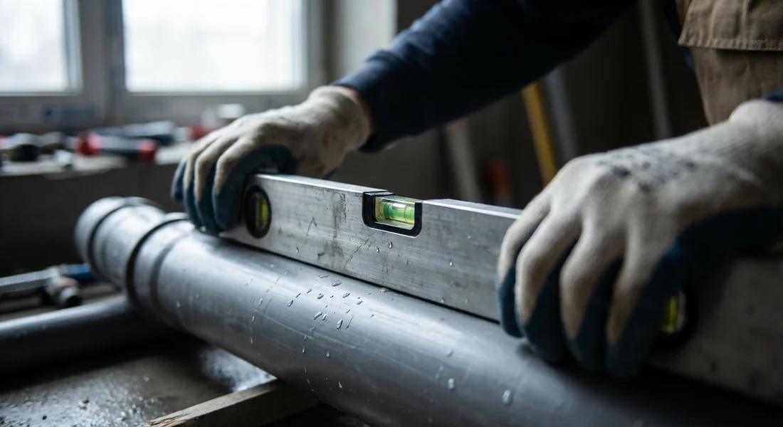 Respect de la pente réglementaire en plomberie Contrôle de la pente d'évacuation des eaux usées avec un niveau.