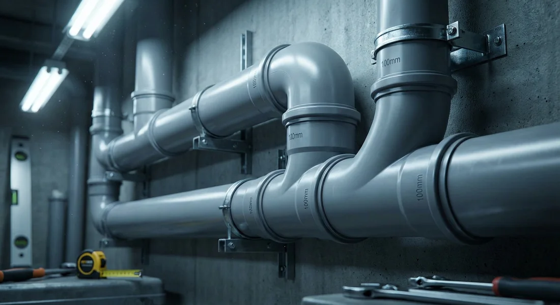 Chantier de raccordement PVC haute précision Installation de plomberie professionnelle avec tuyaux PVC gris de diamètre 100mm.